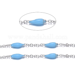Handmade Enamel Beaded Chains, with Stainless Steel Curb Chains and Spool, Soldered, Stainless Steel Color, Deep Sky Blue, 1.5x1x0.1mm, about 32.8 Feet(10m)/roll