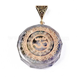 Transparent Epoxy Resin Alchemy Pendants, with Natural Gemstone Chip, Gold Foil, Flat Round with Om Symbol, Colorful, 39.5x35.5x10.5~11.5mm, Hole: 5x9mm