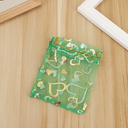 Rechteckige Organza-Geschenkbeutel mit Kordelzug, Herzbeutel mit Goldprägung für die Aufbewahrung von Hochzeitsgeschenken, mittleres Seegrün, 12x9 cm