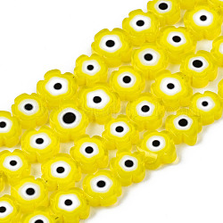 Chapelets de perles vernissées manuelles, fleur avec le mauvais œil, jaune, 7~9x7~9x3mm, Trou: 0.8mm, Environ 50~52 pcs/chapelet, 14.57 pouce ~ 15.35 pouces (37~39 cm)