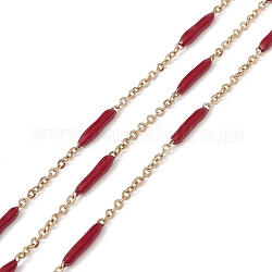 Ion Plating(IP) 304 Stainless Steel Cable Chains, with Oval Enamel Beaded, Unwelded, with Spool, Golden, Dark Red, Link: 14x2.5mm, 2X1.7X0.3mm, about 32.81 Feet(10m)/Roll