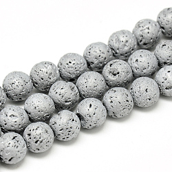 Galvanoplastie des brins de perles de pierre de lave naturelle, Style mat, ronde, platinée, 6~7mm, Trou: 1mm, Environ 60 pcs/chapelet, 14.7~15.1 pouce