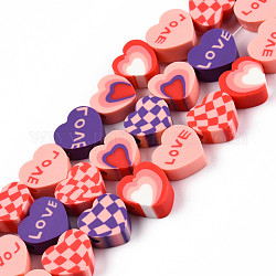Handmade Polymer Clay Beads Strands, Heart with Tartan & Word Love Pattern, Light Salmon, 9~10x9.5~10.5x4~4.5mm, Hole: 1.6mm, about 40pcs/strand, 15.35 inch(39cm)