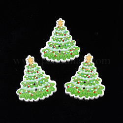 Botones navideños de madera de arce pintados con spray de 2 agujero, Impreso a soltero-cara, árbol de Navidad, verde claro, 40x32x2mm, agujero: 1.8 mm
