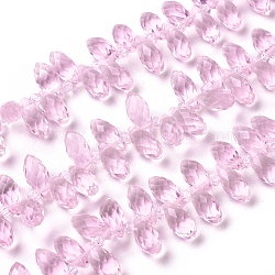 Perlas de cristal de cristal hebras, cuentas perforadas superiores, facetados, lágrima, rosa perla, 13x6mm, agujero: 1 mm, aproximamente 100 pcs / cadena, 16.5 pulgada