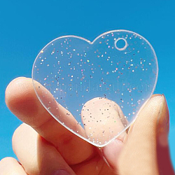 Pendenti con dischi in acrilico trasparente, con polvere di scintillio, cuore, chiaro, 42x3mm