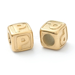 Perles européennes en 304 acier inoxydable, Perles avec un grand trou   , trou horizontal, cube avec la lettre, or, letter.p, 8x8x8mm, Trou: 4mm