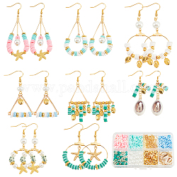 SUNNYCLUE 1 Box DIY 8 Pairs Polymer Clay Beads Cute Seashell Charms Christmas Earrings Making Starter Kit Flat Round Disc Pink Green Clay Beads Beading Hoops Starfish Beads for Jewelry Making Kits