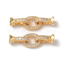Rack Plating Brass Pave Clear Cubic Zirconia Fold Over Clasps, Oval, Real 18K Gold Plated, Oval: 13x9.5x2mm, Clasps: 13x7x6.5mm, Inner Diameter: 4.5mm