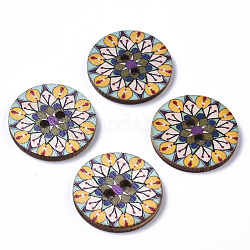 2 отверстия печатных деревянные кнопки, плоские круглые с цветочным узором, неокрашенными, красочный, 25x2.5~3 мм, отверстие : 2 мм