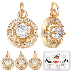 Beebeecraft 8Pcs Brass Micro Pave Clear Cubic Zirconia Charms, with Jump Ring, Cadmium Free & Nickel Free & Lead Free, Flat Round Charm, Real 18K Gold Plated, 13x10x4.5mm, Hole: 3.5mm
