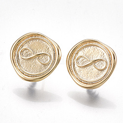 Brass Stud Earring Findings, with Loop, Real 18K Gold Plated, Flat Round with Infinity, 13x13.5mm, Hole: 2mm, Pin: 0.8mm