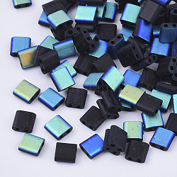 2-Hole Glass Seed Beads, Half Rainbow Plated & Frosted Colours, Square, Black, 5x4.5~5.5x2~2.5mm, Hole: 0.5~0.8mm, about 1180pcs/bag
