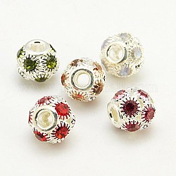 Brass Rhinestone European Beads, Large Hole Beads, Grade A, Silver Metal Color, Round, Mixed Color, 14x12mm, Hole: 4mm