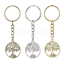 3Pcs 3 Colors Tibetan Style Alloy Keychains, with Iron Split Key Rings, Flat Round with Tree of Life, Mixed Color, 8cm, Pendant: 29x25x1.5mm, 1pc/color