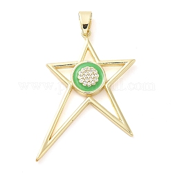 Real 18K Gold Plated Brass Clear Cubic Zirconia Pendants, with Enamel, Star, Lime Green, 40x29x3.5mm, Hole: 6.5x3.7mm