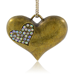 (Clearance Sale)Antique Bronze Plated Alloy Rhinestone Heart Pendants, Nickel Free, Crystal AB, 45x37x7mm, Hole: 5x6mm