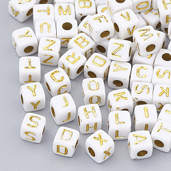 Chapado perlas de acrílico, metales enlaced, agujero horizontal, cubo con alfabeto, oro chapado, 4.5x4.5x4.5mm, agujero: 3 mm, aproximamente 5000 unidades / 500 g