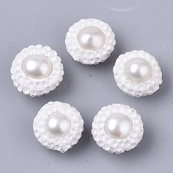 Perles de strass en argile polymère, avec perle d'eau douce de culture naturelle, plat rond, blanc, 12~13x8~9mm, Trou: 0.7mm