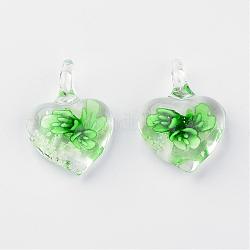 Handmade Luminous Lampwork Pendants, with Inner Flower, Heart, Light Green, 27~33x21~23x9~11mm, Hole: 4~7mm