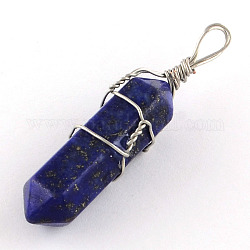 Pendentifs pointus à double terminaison en pierre de lapis-lazuli naturelle teinte, avec les accessoires en fer de platine plaqués, balle, 38~45x8x8mm, Trou: 4mm