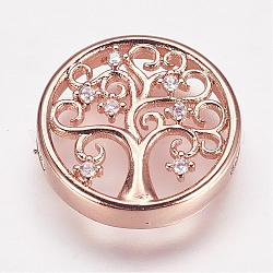Brass Micro Pave Cubic Zirconia Slide Charms, Flat Round with Tree, Rose Gold, 15.5x4mm, Hole: 1.5x6mm