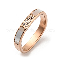 Revestimiento de iones (ip) 304 anillo de dedo rectangular de acero inoxidable, con concha blanca y circonita, oro rosa, diámetro interior: 17 mm