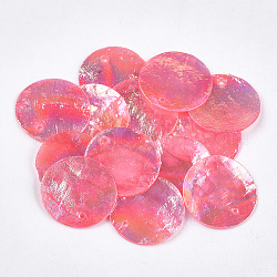 Pendentifs en coquille de couleur ab, teinte, plat rond, rose foncé, 24~25x1~2mm, Trou: 1.5mm