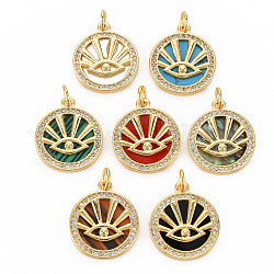 Brass Micro Pave Clear Cubic Zirconia Pendants, with Shell & Synthetic Stone & Acrylic and Jump Ring, Real 16K Gold Plated, Flat Round with Eye, Nickel Free, Mixed Color, 18~19x16x2mm, Jump Ring: 5x1mm, 3mm inner diameter
