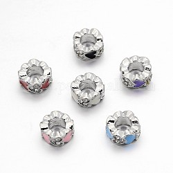Platinum Plated Alloy Pave Crystal Rhinestone Enamel Large Hole European Column Carved Heart Beads, Mixed Color, 11x5mm, Hole: 5mm