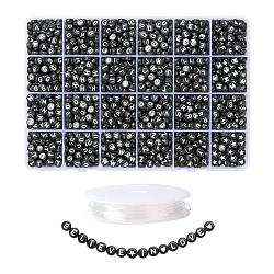 Kits de fabrication de bijoux diy, y compris les perles acryliques rondes noires lettre blanche, Fil cristal, fil élastique, noir, 1920 pièces / kit