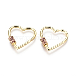 Brass Micro Pave Cubic Zirconia Screw Carabiner Lock Charms, for Necklaces Making, Heart, Golden, Camellia, 31x31x3mm