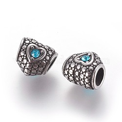 304 Stainless Steel European Beads, Large Hole Beads, with Rhinestone, Heart, Antique Silver, Aquamarine, 10.5x11x9.5mm, Hole: 5mm