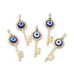 Handmade Evil Eye Lampwork Pendants, with Rack Plating Real 18K Gold Plated Brass Findings, Long-Lasting Plated, Flower Key with Heart, Medium Blue, 33x12x3.5mm, Hole: 4x7mm