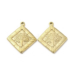 304 Stainless Steel Pendants, Rhombus with Tree of Life Charms, Real 14K Gold Plated, 30.5x27x2.5mm, Hole: 2mm