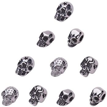 UNICRAFTALE 10pcs 5 Styles Stainless Steel Skull Head Beads Antique Silver & Stainless Steel Color Skull Spacer Beads Small Hole Bead Finding Halloween Decoration for Bracelet Necklace Jewelry Making