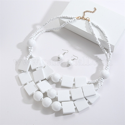 Комплекты из многослойных ожерелий и серег-подвесок из квадратных и круглых бусин из дерева в богемном стиле FS-WG2F343-07-1