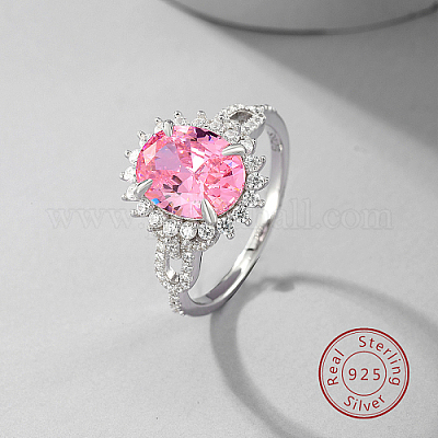 Bague ajustable ovale en argent sterling plaqué rhodium anti-ternissement,  avec de la zircone cubique rose, avec 925 timbre, platine, nous taille