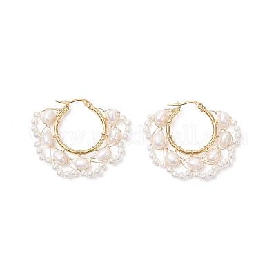 Серьги-кольца с цветком из натурального культивированного пресноводного жемчуга EJEW-TA00731-1