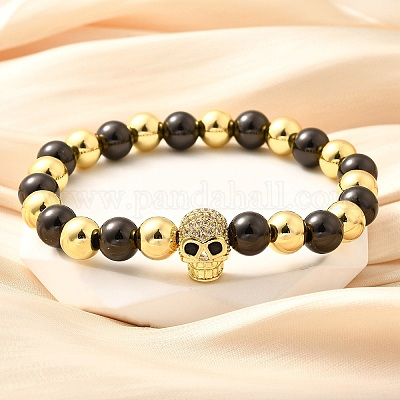 Латунные микро-паве кубические циркониевые бусины эластичные браслеты для женщин и мужчин BJEW-H201-01C-GB-1