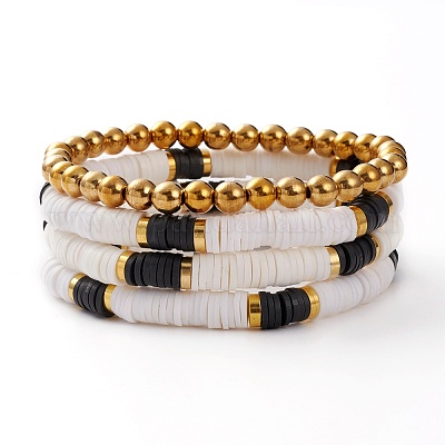 Initial Heishi Gold Stretchy Bracelet #795, Black and White Clay