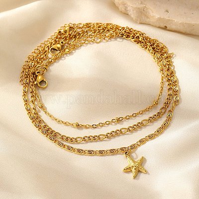 Летние пляжные браслеты на ногу из нержавеющей стали 304 с подвесками в виде морской звезды&nbsp;LS-AJEW-F068-01G-1