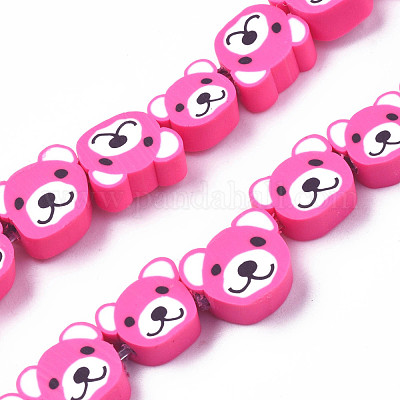 Handmade Polymer Clay Bead Strands, Bear Head, Hot Pink, 7.5~10x9~11x4mm,  Hole: 1.6mm, about 37~40pcs/strand, 13.58 inch~15.35 inch(34.5~39cm)