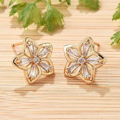 Цветочные латунные серьги-гвоздики с кубическим цирконием для женщин EJEW-G428-28C-02-1