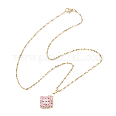 Подвеска в виде ромба из натурального радужного лунного камня и стеклянных бусин ручной работы из нержавеющей стали 304 NJEW-MZ00124-01-1