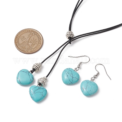 Комплекты ожерелья-лариата и серег с подвесками в форме сердца из синтетической бирюзы SJEW-JS01303-1