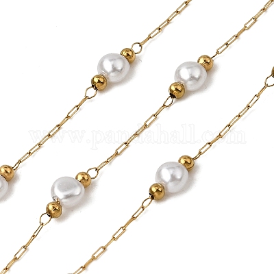 Круглые звенья цепочек ручной работы из нержавеющей стали 304 из АБС-пластика с жемчужными бусинами CHS-L032-01G-06-1