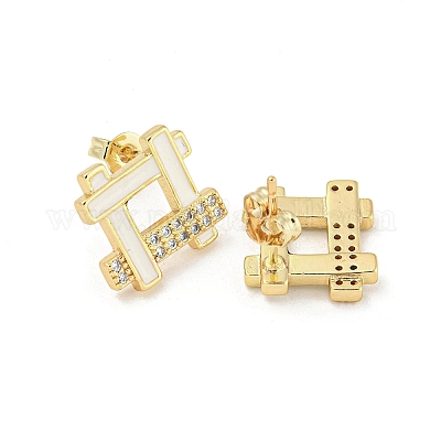 Серьги-гвоздики из латуни с полым ромбом и настоящим позолоченным золотом 18 карат EJEW-L269-102G-02-1