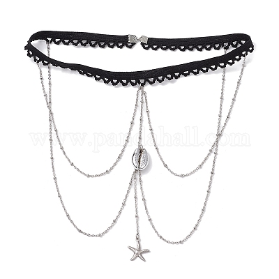 Цепи из нержавеющей стали 304 и гальванизированные подвески-ракушки с кисточками для ножек и бедер AJEW-AN00649-01-1