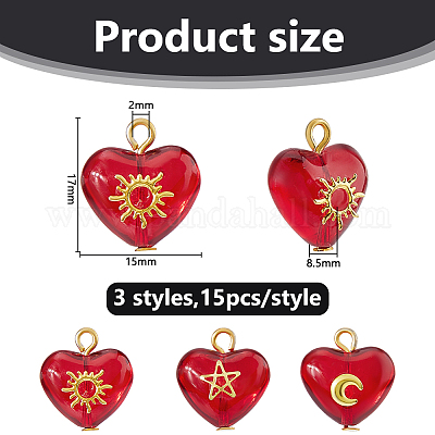 45 шт. 3 стиля подвески в форме сердца из латуни и стекла PALLOY-DC00038-1